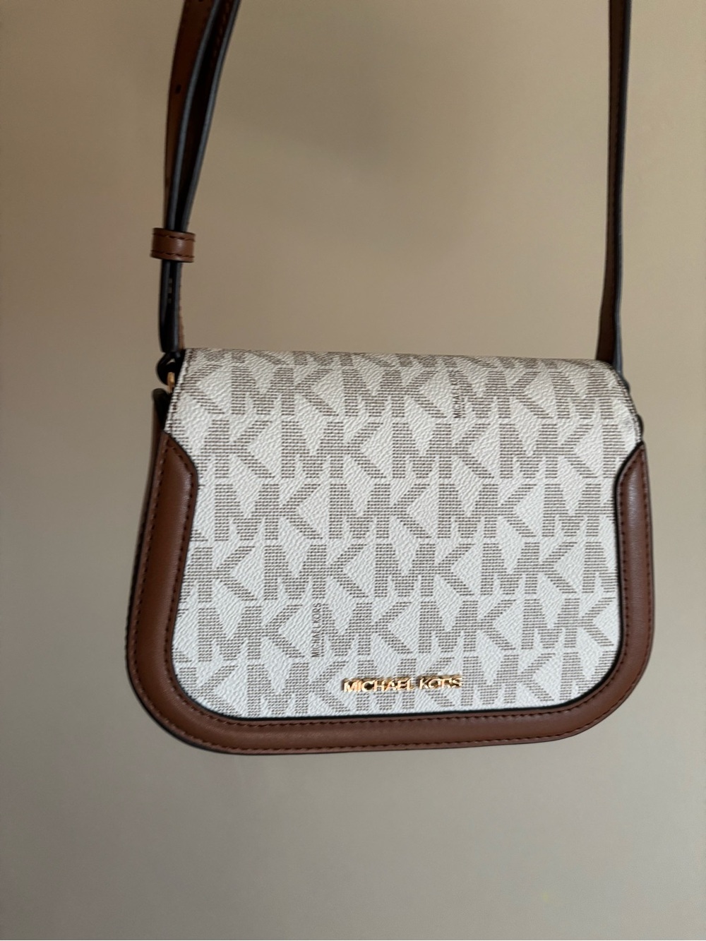 Michael Kors Beige/White MK Logo Crossbody with Brown Trim